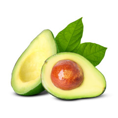 Halves of fresh avocado and green leaves on white background