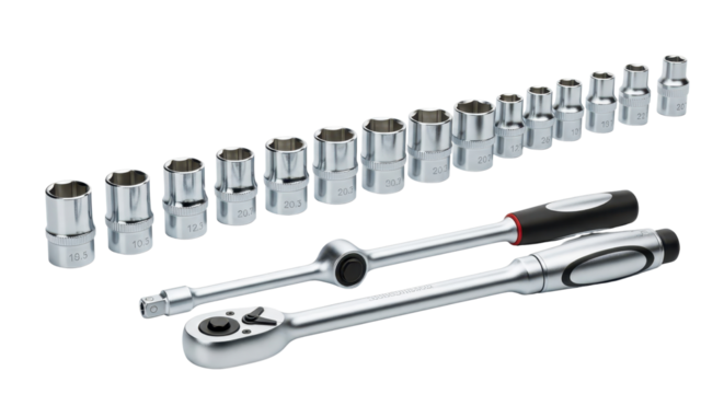 Socket set with ratchet wrenches isolated PNG with Transparent Background