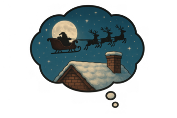 Santa claus flying sleigh and reindeer over a snowy rooftop at night, appearing in a thought bubble representing christmas dreams