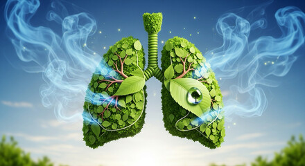3D lungs made of green leaves — clean air and environmental health