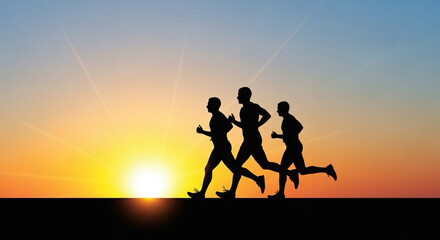 vector illustration of running silhouettes under bright sunrise — exercise and vitality