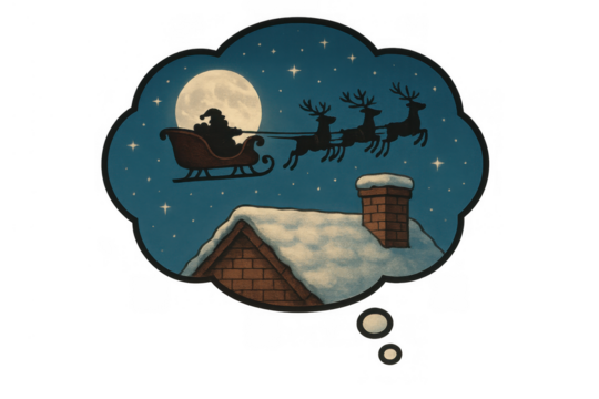 Santa claus flying sleigh and reindeer over a snowy rooftop at night, appearing in a thought bubble representing christmas dreams - Powered by Adobe