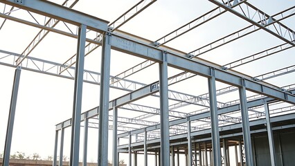 Fototapeta premium Industrial construction site with steel beams and columns, highlighting modern architectural progress.