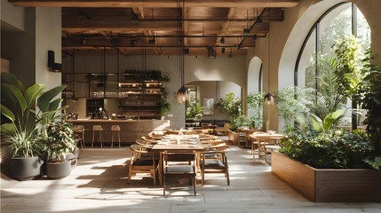 Fototapeta premium Spacious contemporary dining establishment features warm wooden elements and abundant indoor greenery