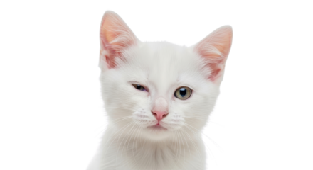 Winking white kitten portrait isolated PNG with Transparent Background