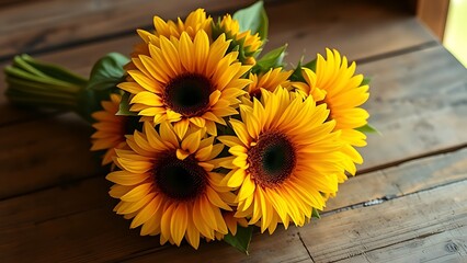 Obraz premium A vibrant sunflower bouquet arranged on a rustic wooden surface, bathed in warm golden natural light.