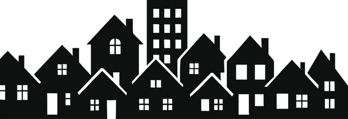 a seamless row of black house silhouettes forming a cityscape or suburban skyline background. Includes various house shapes — modern, traditional, small cottages, tall buildings, rooftops, chimneys, a