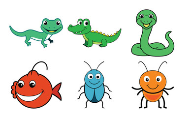 Set of six cartoon animals including a lizard, alligator, snake, fish, beetle, and ant