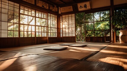 Obraz premium Traditional interior space bathed in warm morning sunlight streaming through expansive latticed windows