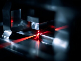 Close-Up of Advanced Laser Technology Showing Precision Mechanics and Focused Laser Beam in a Dark Environment
