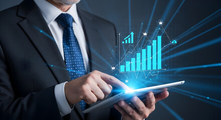 Businessman working with a digital tablet displaying holographic business growth charts and data analysis. Professional executive interacting with futuristic technology for financial success and marke