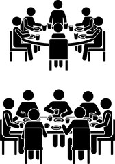 Group of People Sitting Around Table Stick Figure Icon Set