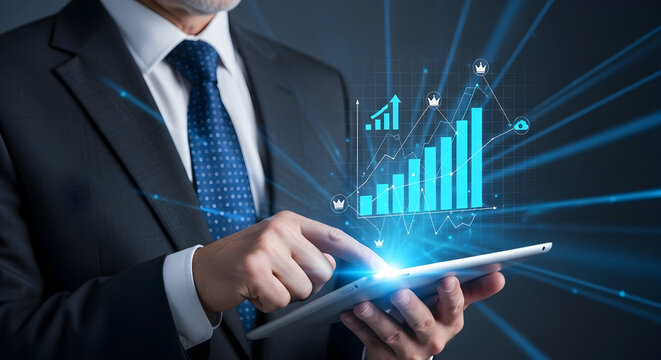 Businessman working with a digital tablet displaying holographic business growth charts and data analysis. Professional executive interacting with futuristic technology for financial success and marke