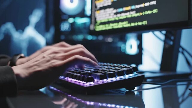 Close-up of hands typing on a backlit keyboard, illuminated display with coding text in focus