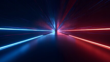 Glowing light streams rush through a futuristic dark tunnel toward a central vanishing point