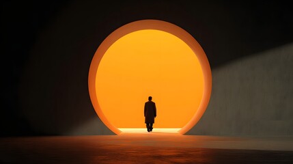 Solitary figure approaches a luminous circular opening set within a dark architectural space