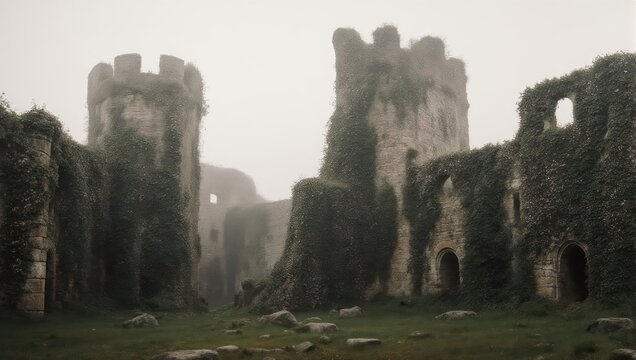 Dilapidated stone fortress towers shrouded in mist, overgrown with vegetation, and crumbling