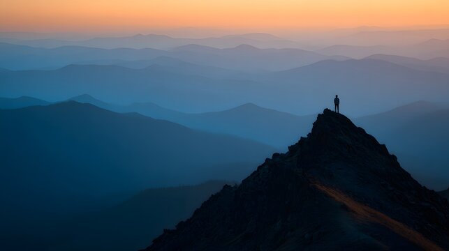 Silhouetted figure stands atop a sharp mountain peak against layers of hazy blue ranges during twilight