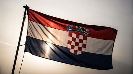 Croatian flag waving in the wind against a bright sky