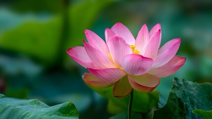 Obraz premium Vibrant pink water lily blooms above lush green foliage in soft light