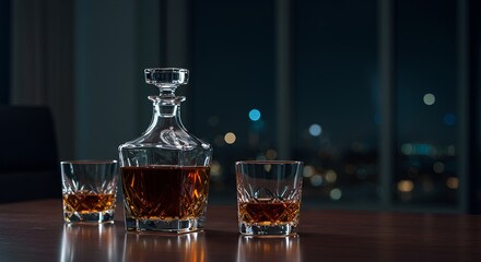 A glass decanter and glasses of amber liquid stand on a table at night time.