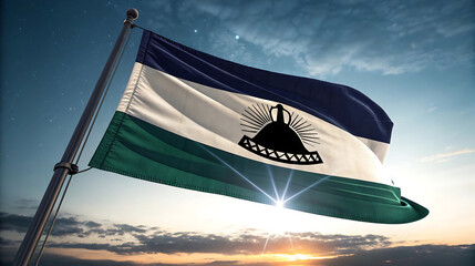Flag of lesotho waving in the wind against a sunset sky