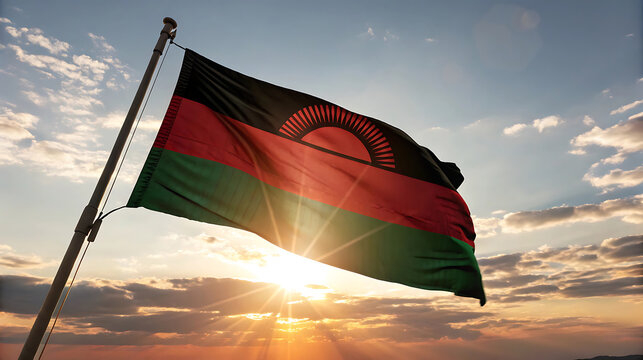 Malawi flag waving in the wind against a sunset sky background