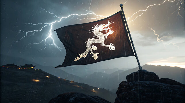 Bhutan flag waving in the wind with lightning in the background