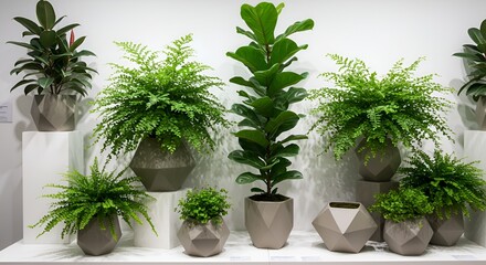 A collection of lush green houseplants in modern geometric pots against a white background