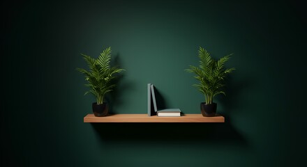Minimalist shelf with potted plants and books against a dark green wall creating serenity