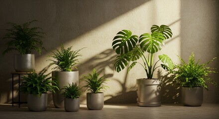 Indoor plants in gray pots cast shadows on a textured wall in a softly lit room.