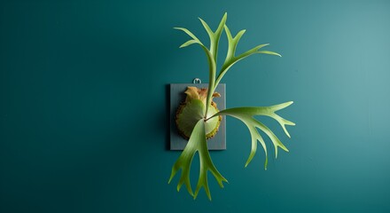 A staghorn fern elegantly adorns a textured teal wall, mounted on wood showcasing organic textures