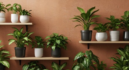 Indoor plants decorate the earthy textured wall with wooden shelves for an indoor garden.