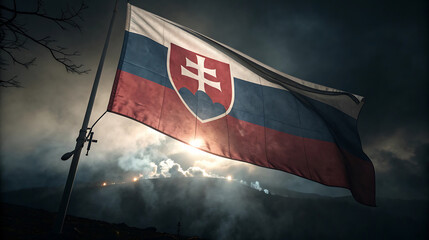 Waving slovakian flag in the wind against a dark and smoky sky