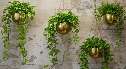Golden planters with trailing green plants hang against a weathered wall, indoor decor.