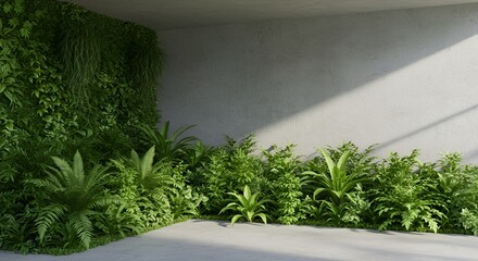 Vertical garden featuring a wall of lush green plants and sunlight casting shadows indoors.