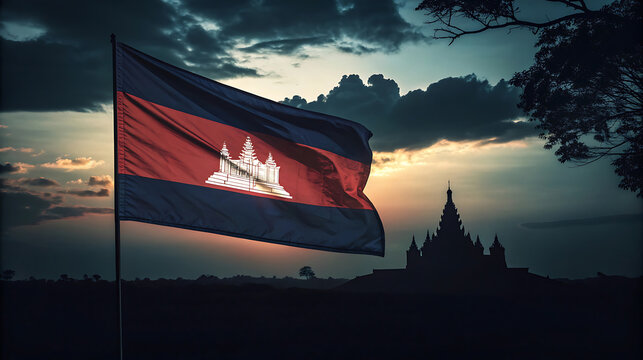 Cambodia flag waving against a dramatic sunset sky at dusk