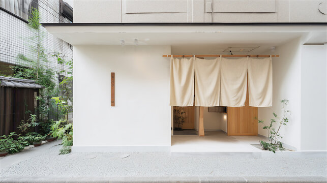 白いのれんと松の置物が美しい店舗の外観