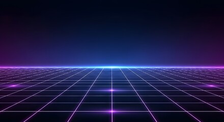OORstock | Neon Grid Horizon Blue-Purple Gradient – minimalist vector infinite grid fading to glowing horizon, soft neon lines, mirror reflection. 16:9 dark gradient
