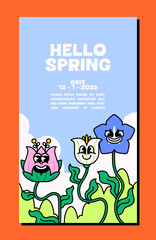 Playful colorful Hello Spring vector with smiling flowers, blue sky, and bold typography on orange background, expressing joy, growth, and positivity perfect for seasonal cards or posters