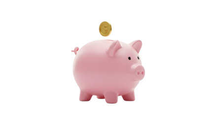 Classic Pink Ceramic Piggy Bank Saving Money with Falling Gold Coin Isolated on White