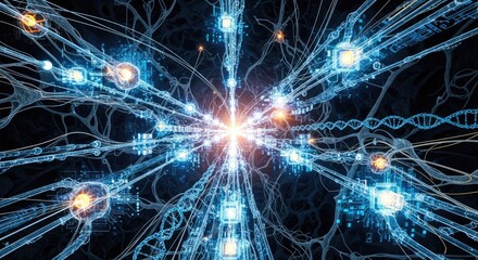 Abstract visualization of neural network and dna strands