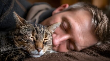 Adult person and tabby feline companion resting closely together in peaceful slumber