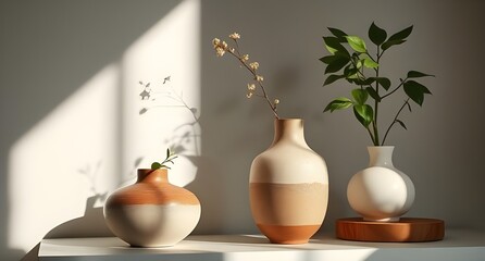 pottery vase with flowers in the corner of home interior with calm tones background