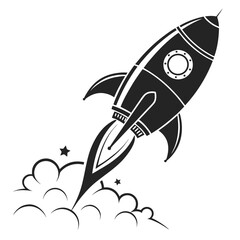 Black Retro Rocket Ship Launching with Smoke and Stars