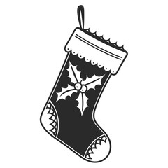 Black Silhouette Christmas Stocking with Holly and Scalloped Trim