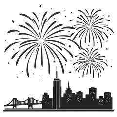 Black silhouette fireworks explode over city skyline and bridge