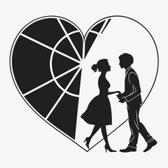 Black silhouette couple inside geometric heart shape