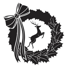 Black silhouette Christmas wreath with reindeer and bow