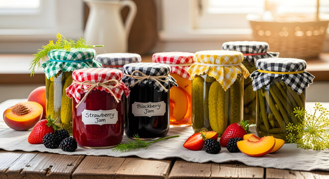 Mason jars filled with jam and pickles on rustic table, vintage kitchen - Powered by Adobe